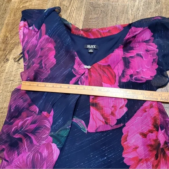SLNY Womens Floral Flutter Party Sheath Chiffon Dress Black Red Pink Purple 14 - Picture 7 of 12